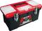 Red and black toolbox with two transparent compartments on the lid, metal locks for secure closure.