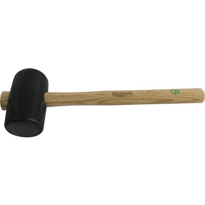 Rubber mallet with a black head and wooden handle, lying horizontally.
