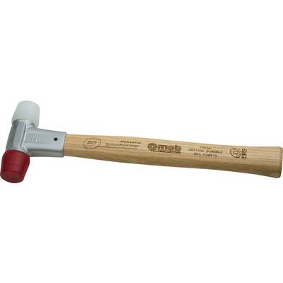 Wooden hammer with metal head and white and red plastic striking face, brand marks and certifications engraved on the handle.