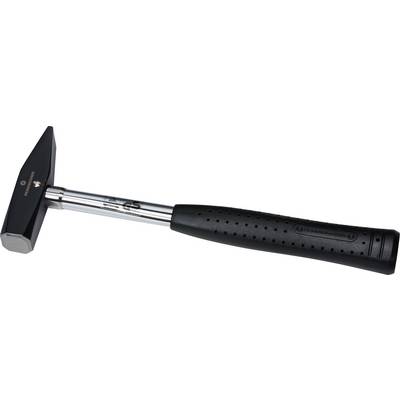 A black hammer with a metal head and rubber-gripped handle lies horizontally. The head is rectangular and the grip is ergonomically shaped.