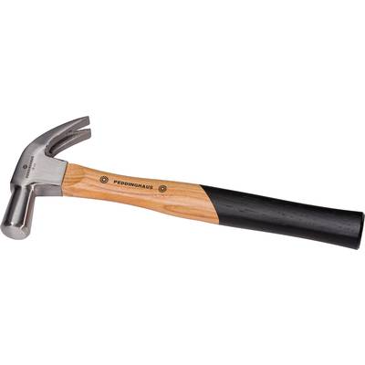 A hammer with a wooden handle and a metal claw. The handle is made from a blend of light and dark wood and bears the inscription 'Peddinhaus'.