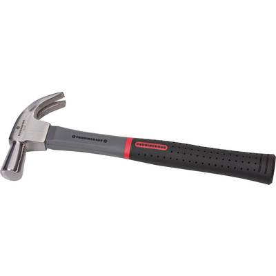 A silver hammer with a black and red handle. Designed for construction work. Suitable for hammering and pulling out nails.