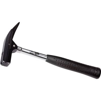 A black hammer with an ergonomic handle lies on a white background. Suitable for construction or craftwork.