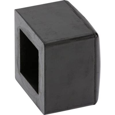 Black, square piece of plastic with a recess that looks like a cavity or frame.