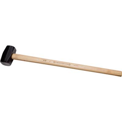 A sledgehammer with a long wooden handle and black metal head, positioned at an angle to the right.