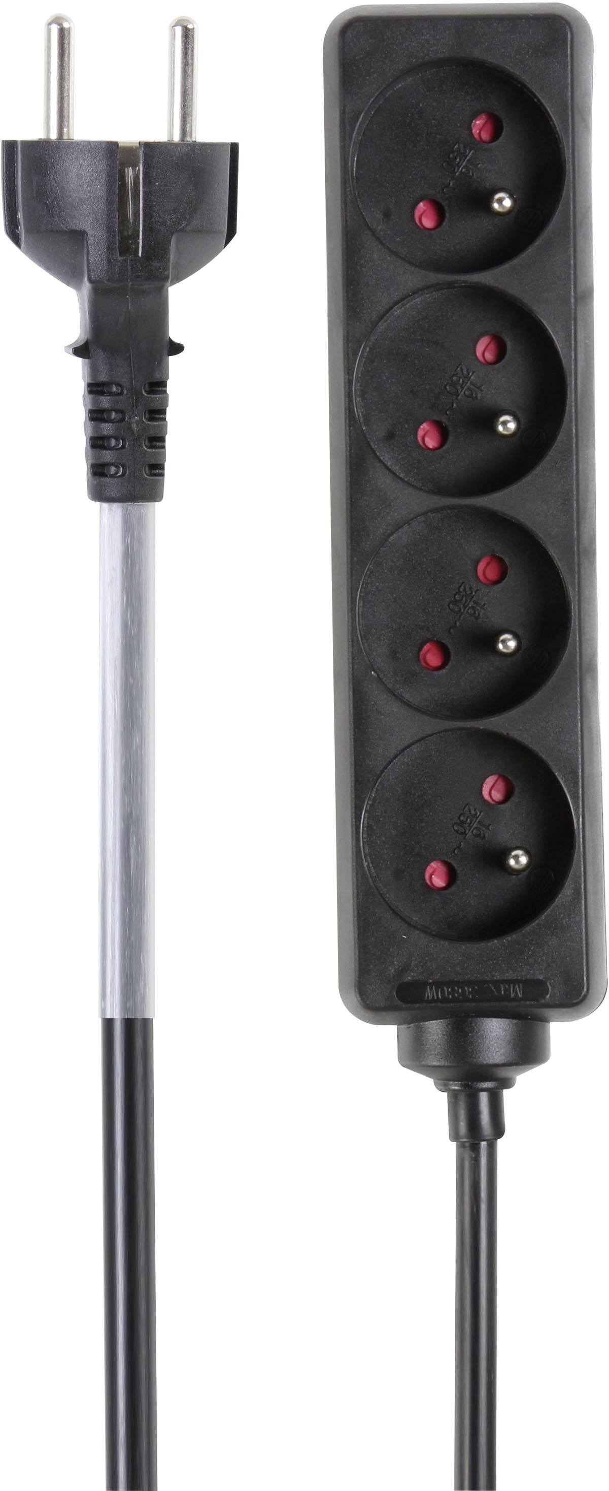 A black extension lead with four plug sockets and a plug to the left of it.