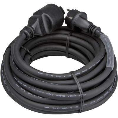 Black, coiled extension lead with plug and socket for power connections. Suitable for indoor and outdoor use.