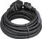 Black, coiled extension lead with plug and socket for power connections. Suitable for indoor and outdoor use.