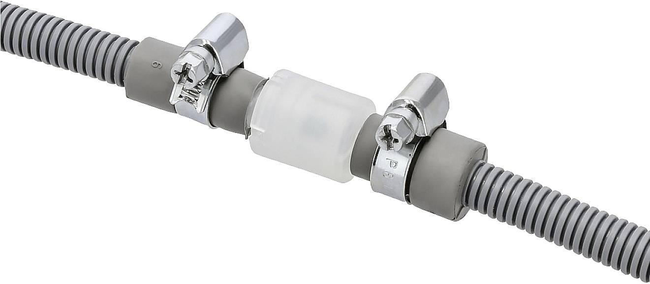 A grey corrugated conduit with two metal clips securing a transparent plastic connector is shown.