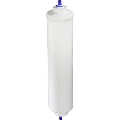 Cylindrical, white water filter with blue connection valves at both ends.