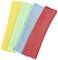 Four folded microfibre cloths in yellow, green, blue, and red are lying side by side on a white surface.