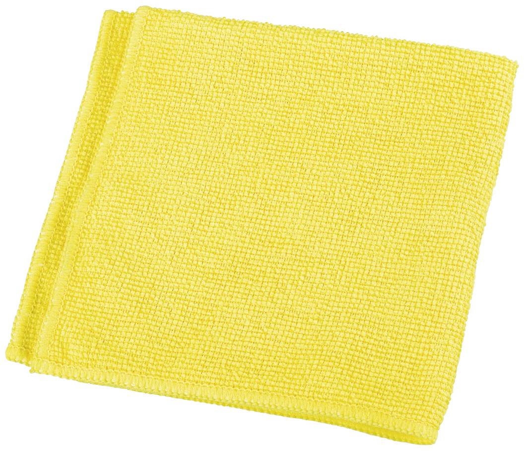 A yellow microfibre cloth, folded. Used for cleaning surfaces.<br><br>Note: In British English, "microfibre" is spelled with "-re" instead of the American "-er" spelling.