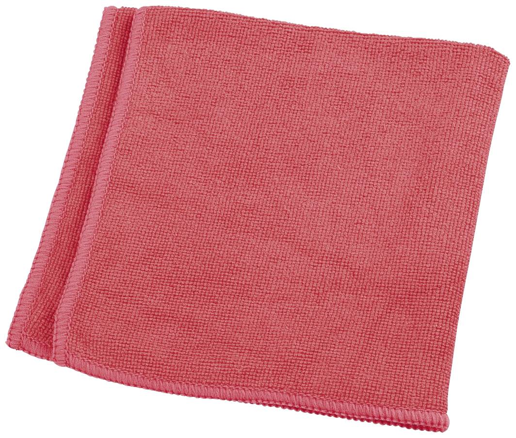 A red microfibre cloth, folded, lies flat; suitable for cleaning and polishing.
