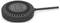 A black, round charger with a cable, showing manufacturer information and CE marking.