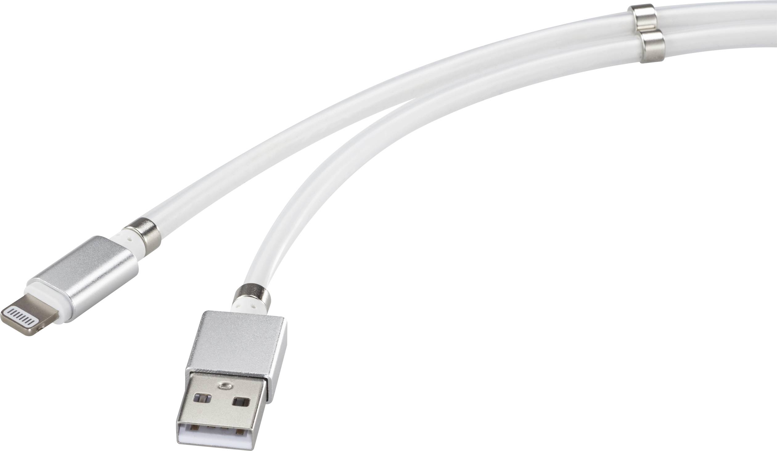 A white USB cable with a Lightning connector and a USB-A connector, typical for connecting devices to computers.
