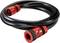 A coiled black garden hose with red connectors at both ends.