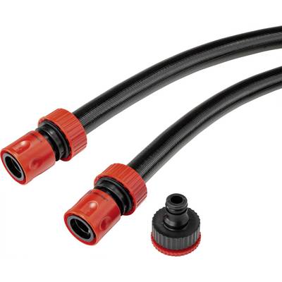 'Two black garden hoses with red connectors, alongside a matching adapter.'