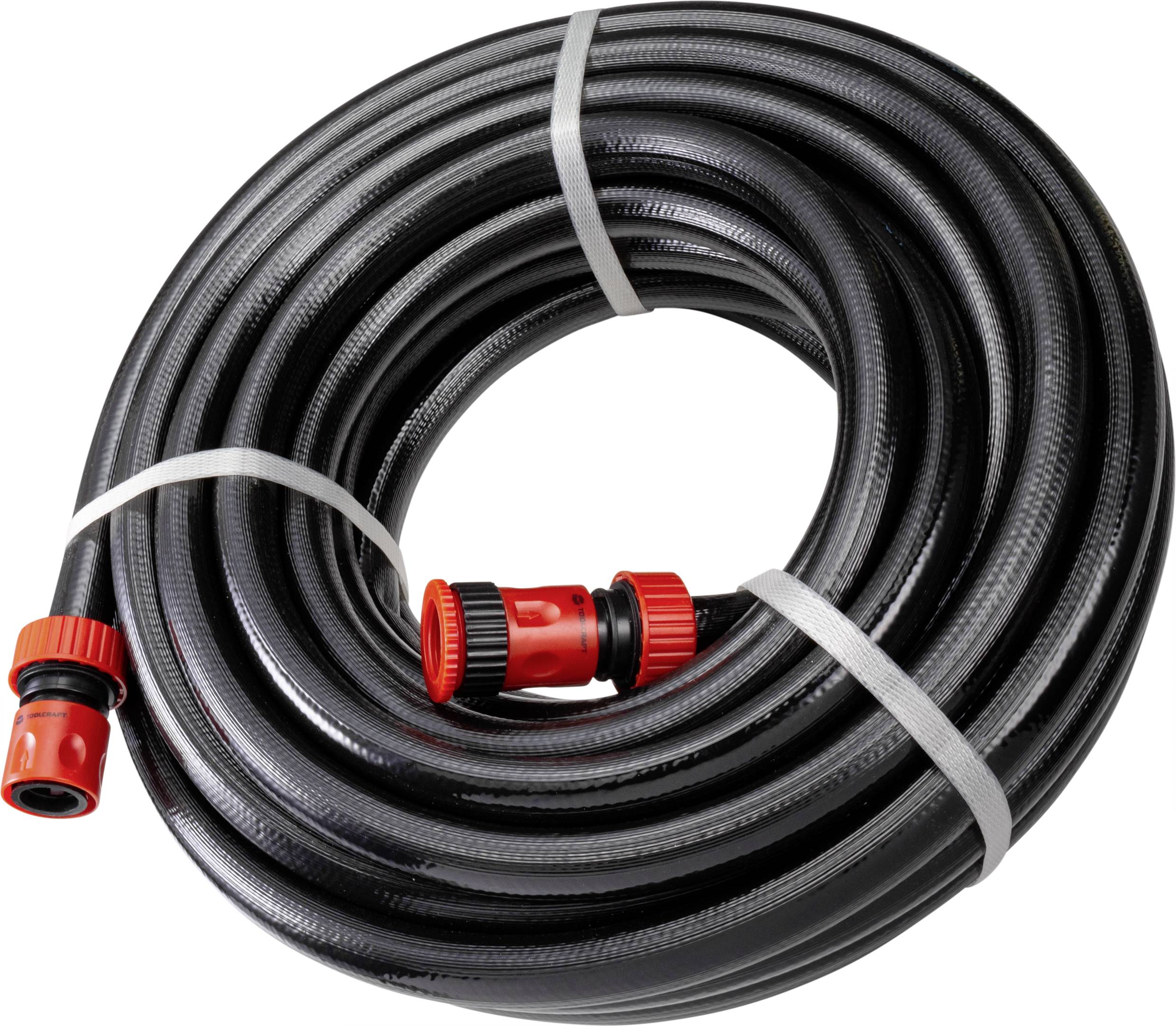'A coiled garden hose with red connectors, secured by two grey bands, lies on a white background.'