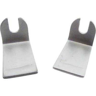 Two silver metal clips with a U-shaped opening, slightly angled, positioned side by side.
