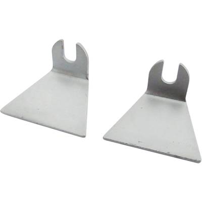 Two grey metal brackets with a U-shaped opening at the top, are lying side by side on a white surface.