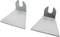 Two grey metal brackets with a U-shaped opening at the top, are lying side by side on a white surface.
