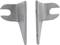 Two silver metal hooks, symmetrically positioned side by side, with U-shaped recesses at their tips.