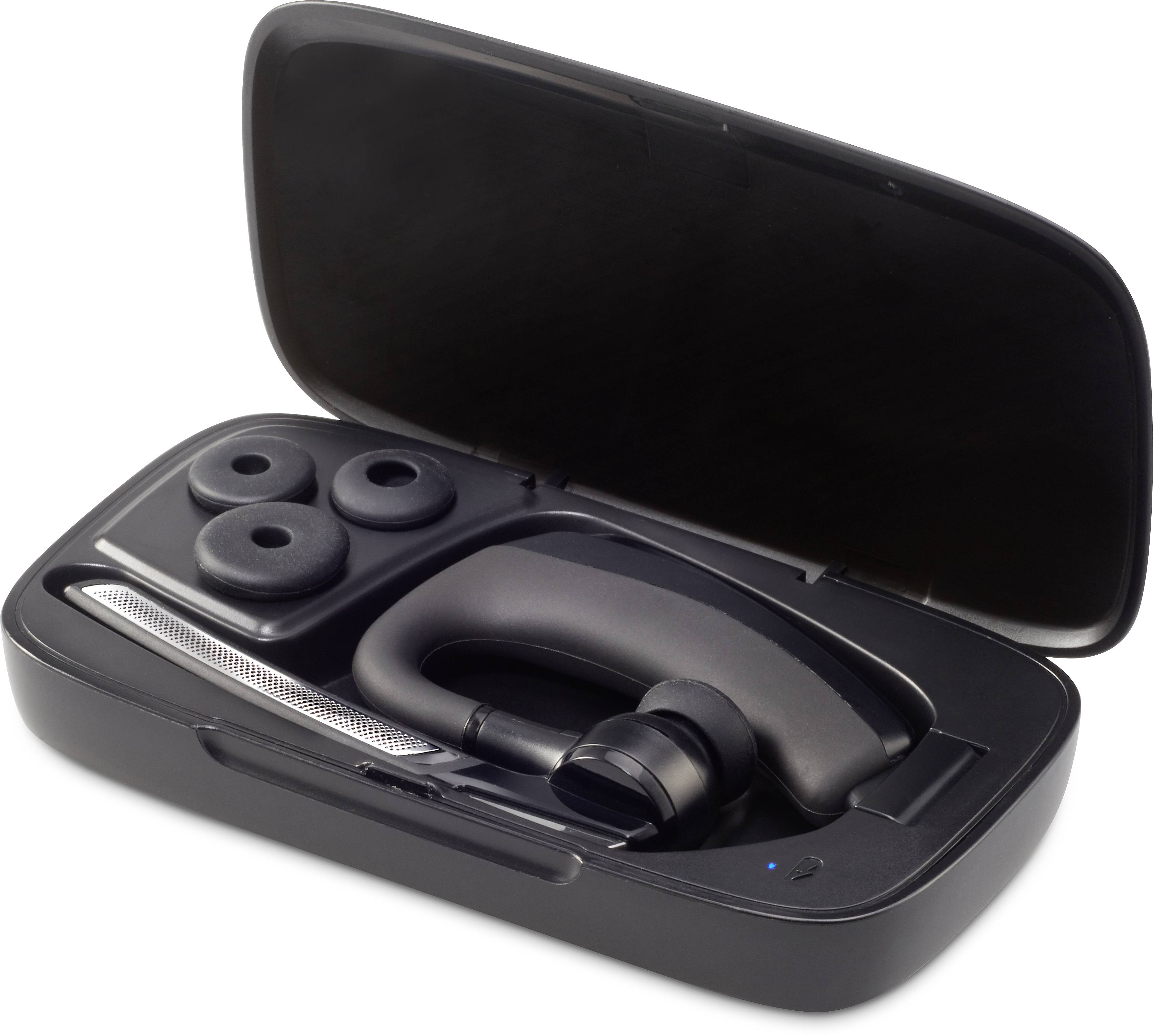 Black Bluetooth headset with charging station and spare earbuds in an open case.