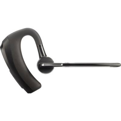 Black Bluetooth headset with a curved ear hook and long microphone arm, side view. Commonly used for hands-free calling.