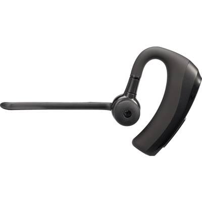 A black Bluetooth headset with a long microphone arm, side view. Ideal for hands-free communication in professional settings.