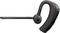 A black Bluetooth headset with a long microphone arm, side view. Ideal for hands-free communication in professional settings.