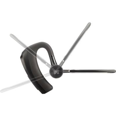 A black Bluetooth headset with a swivelling microphone arm is shown. The design is ergonomic and ear-friendly.