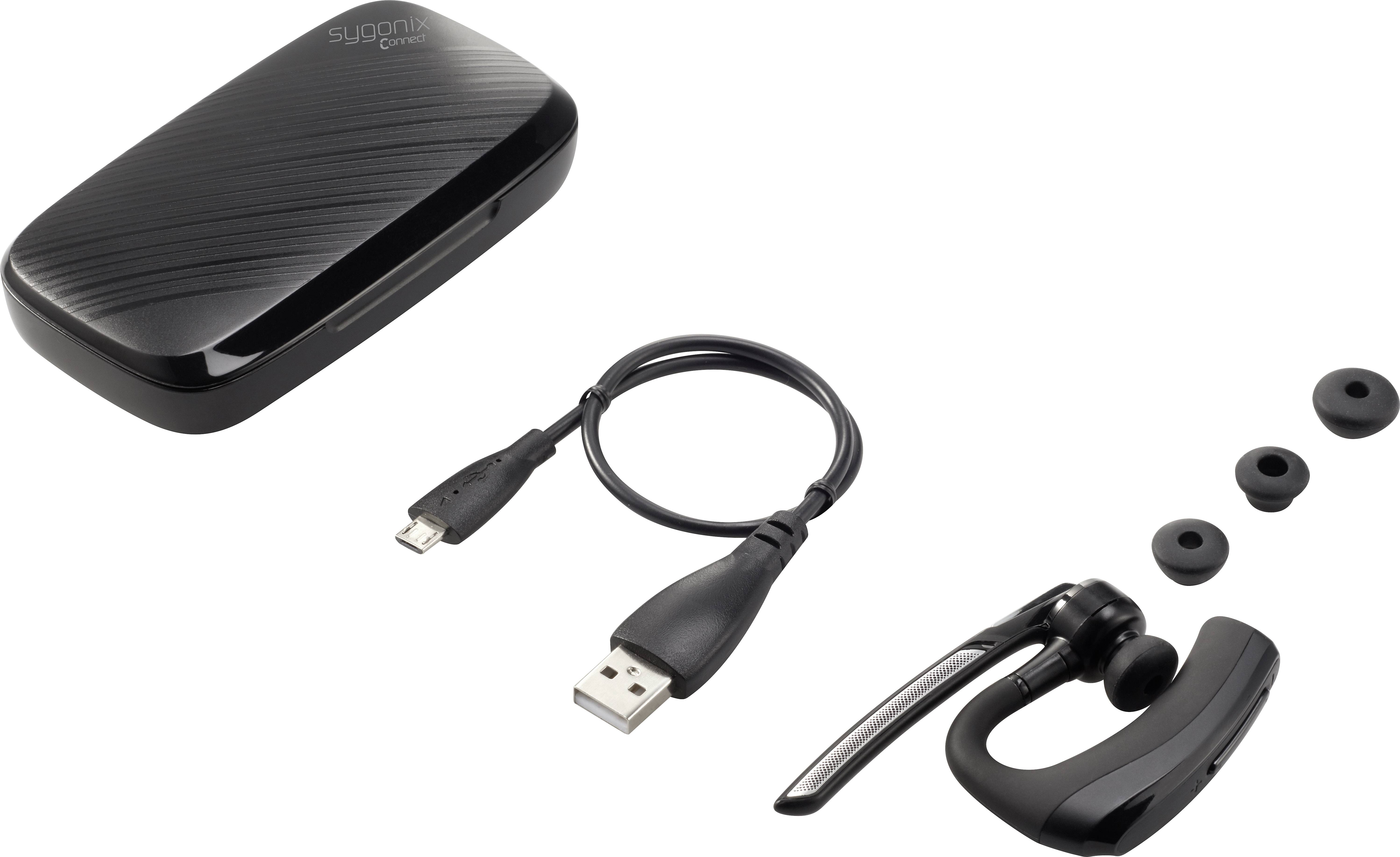 A black Bluetooth headset, a charging station, a USB cable and three earbuds in different sizes.