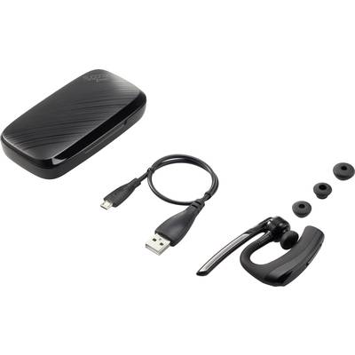 A black Bluetooth headset, a charging station, a USB cable and three earbuds in different sizes.