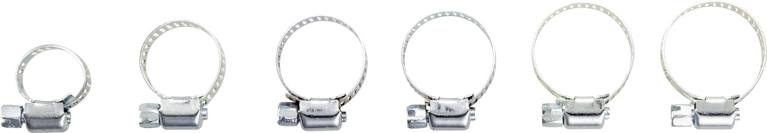 Five hose clamps in various sizes, designed for securing hoses. They are made of metal and arranged side by side.