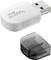White USB Wi-Fi adapter with a removable black protective cap. Resting on a white surface.