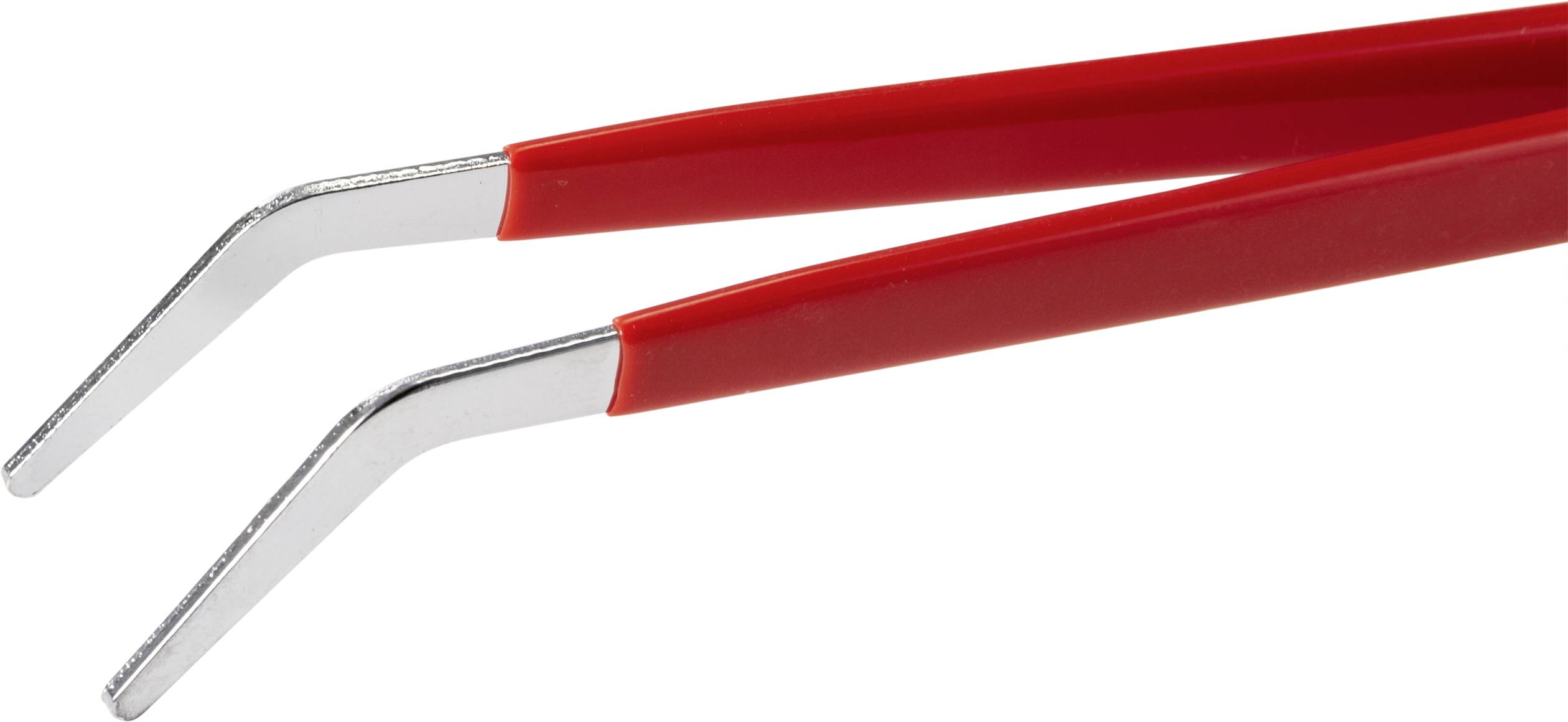 Straight, angled tweezers with metallic tips.
