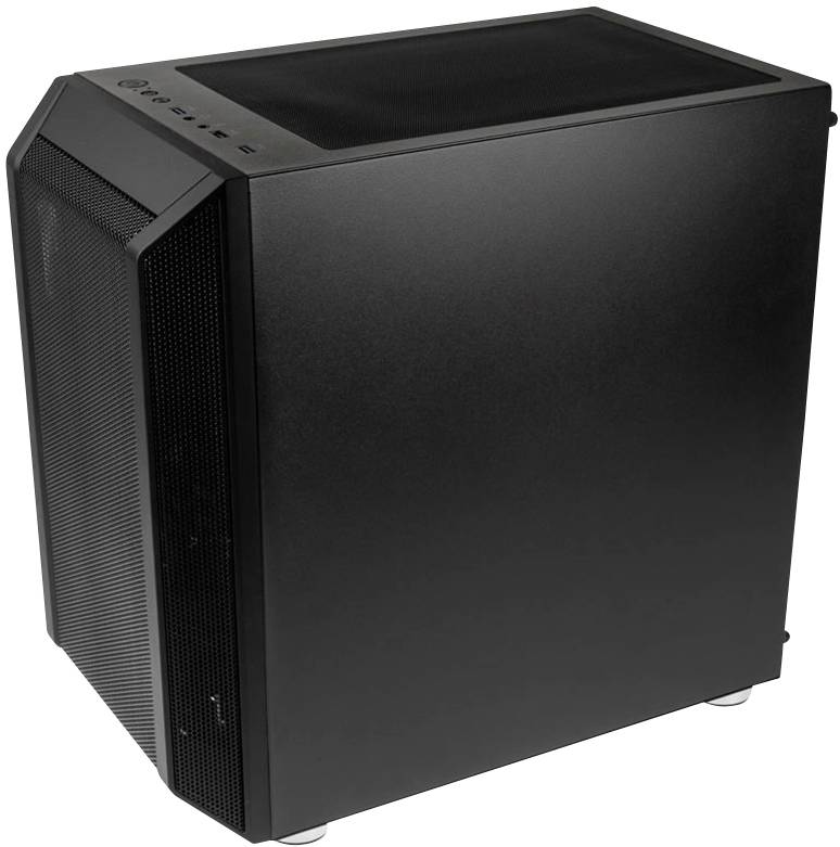 A black computer case with a mesh front panel and multiple ports on the top. Ideal for building a PC.