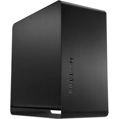 A black computer case with multiple USB ports on the front, featuring a simple, modern design.