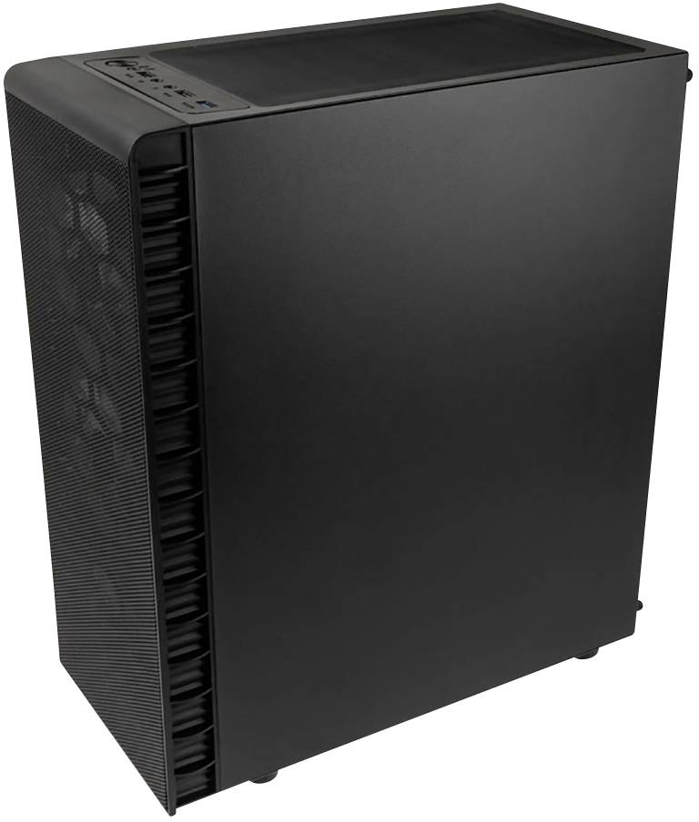 A black computer case with ventilation slots on the front and connections on the top.