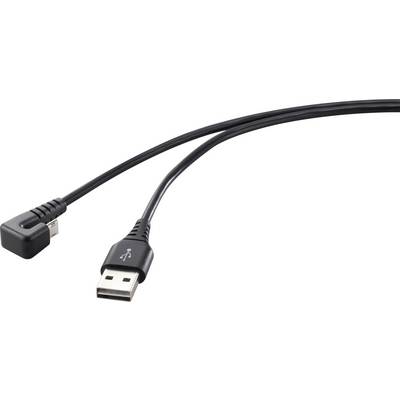 USB cable with a standard USB plug and an angled micro-USB plug, suitable for charging or data transfer.
