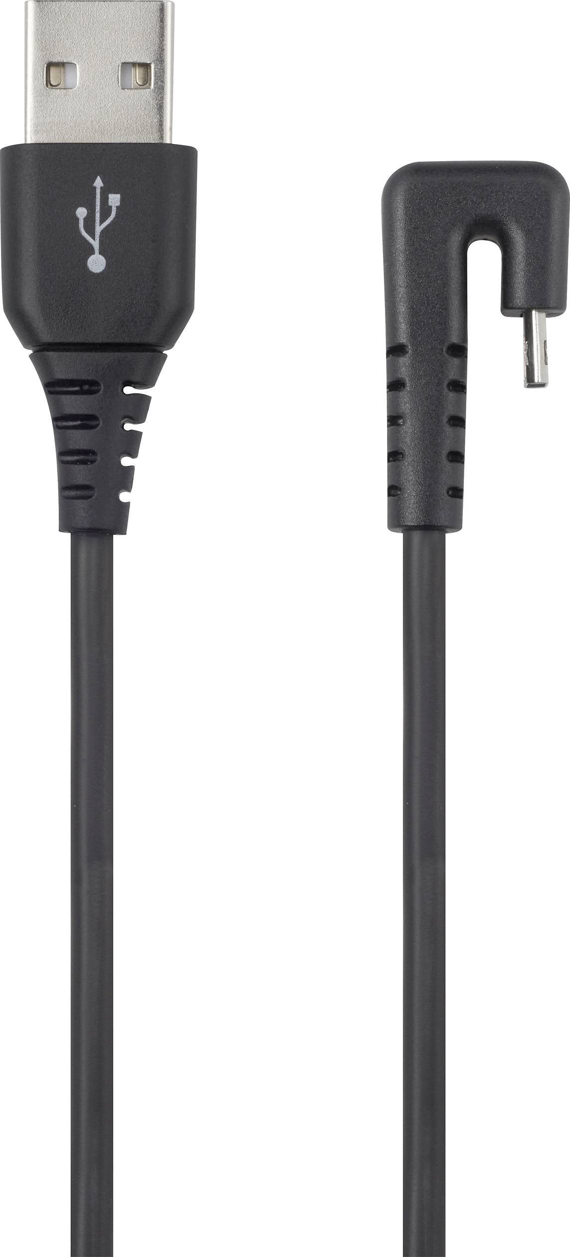 USB cable with standard USB connector on the left and right-angled Micro-USB connector, suitable for charging and data transfer.
