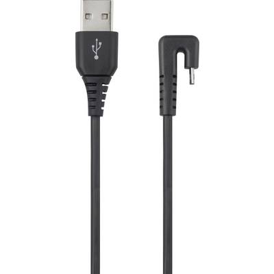 USB cable with standard USB connector on the left and right-angled Micro-USB connector, suitable for charging and data transfer.