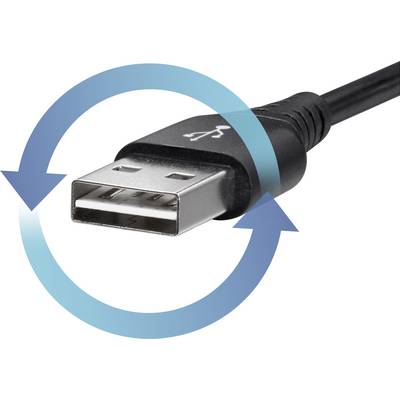 A USB cable with a blue circular arrow indicates the possibility of bidirectional use.