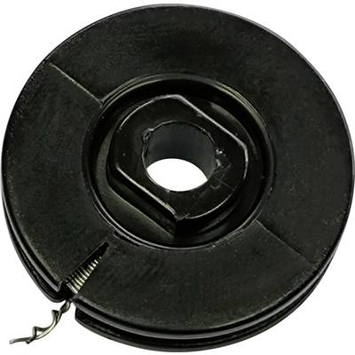 A black reel with a central hole and a visible groove on the side. Suitable for holding threads or wires.