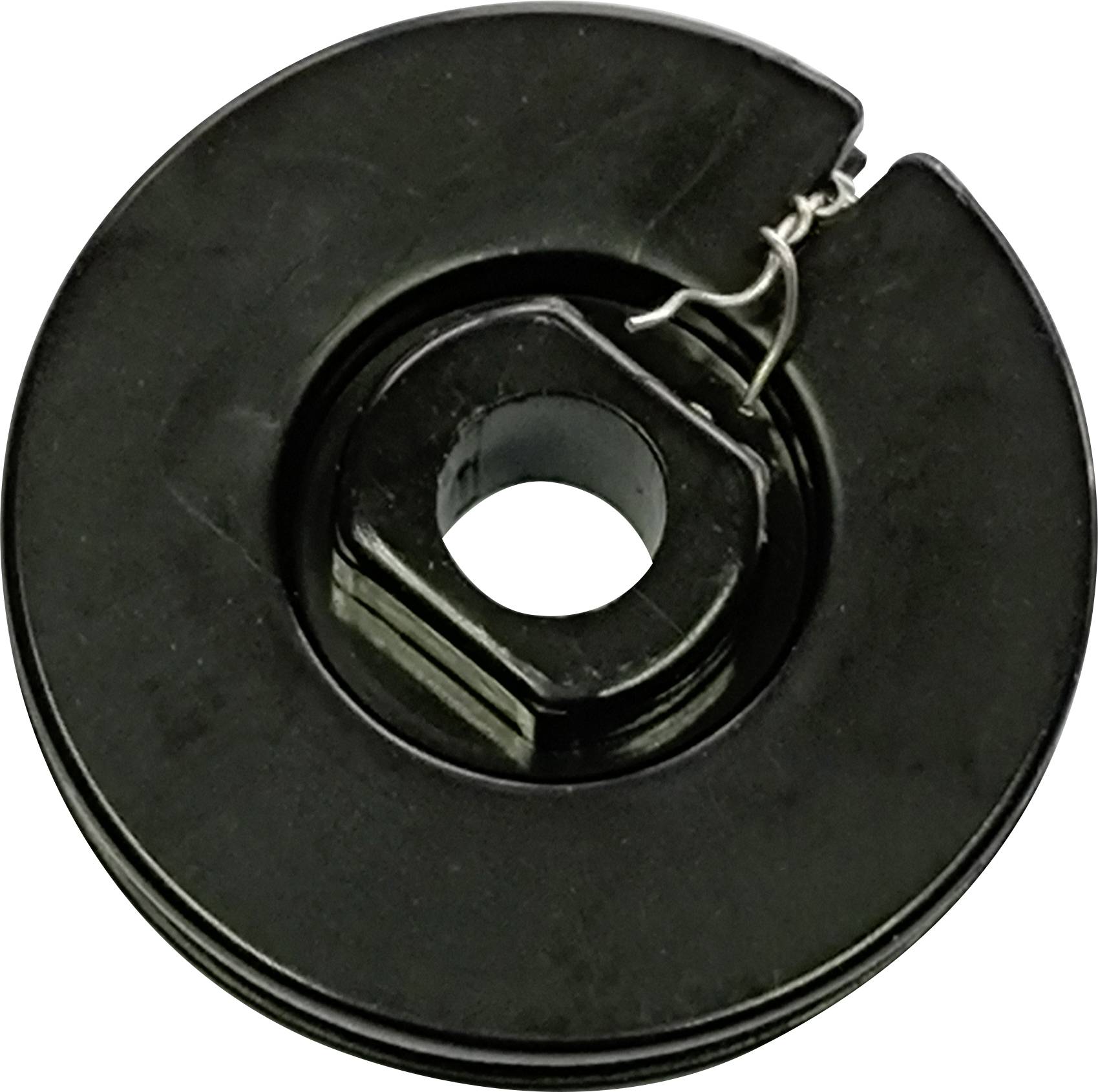 Black coil with a square internal hole and side wire end, commonly used in electronic devices.