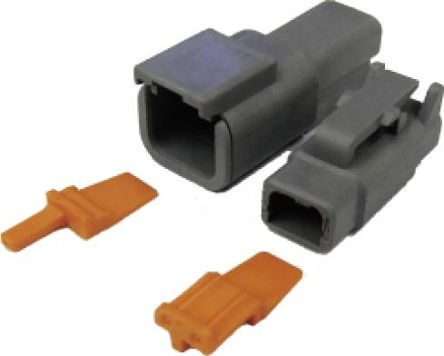 A grey connector with two orange clips. The connector consists of two parts that can be plugged together.