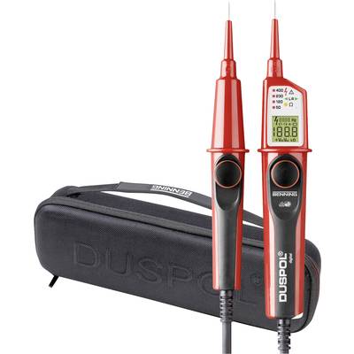 'Voltage tester with digital display' beside a black protective case marked with 'DUSPOL'