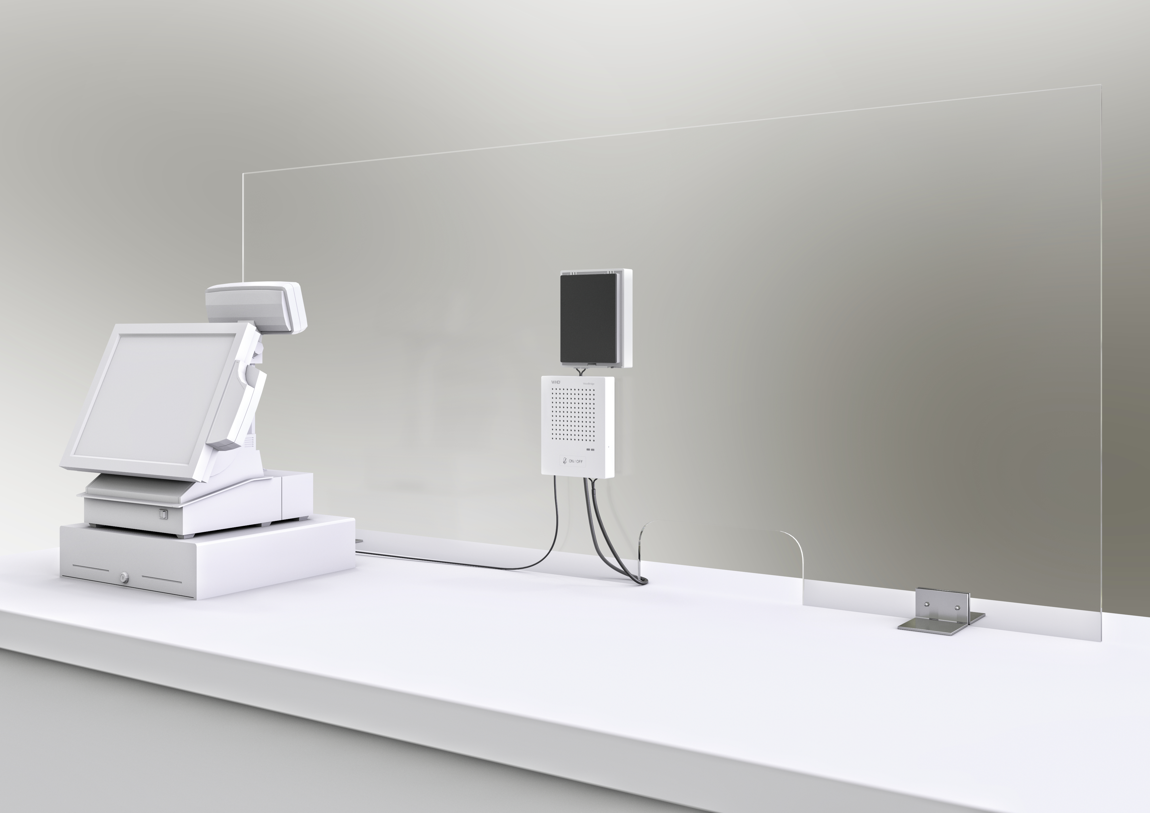 'Till with protective screen' on a counter. A screen, card reader and transparent protective shield are visible.