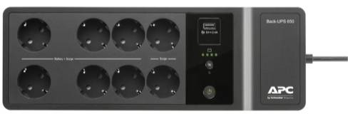 APC Mains Power Strip with eight Schuko sockets, USB port and surge protection. Model: 'Back-UPS 650'.