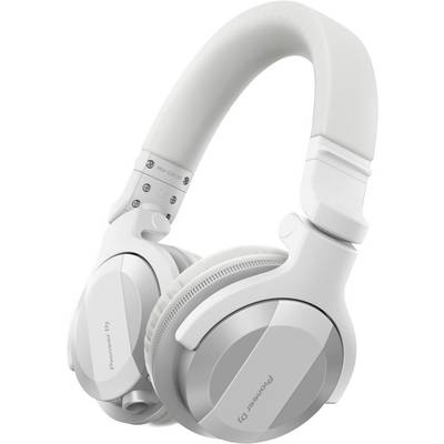 White over-ear headphones with silver accents, closed back design, padded ear cups, and adjustable headband.